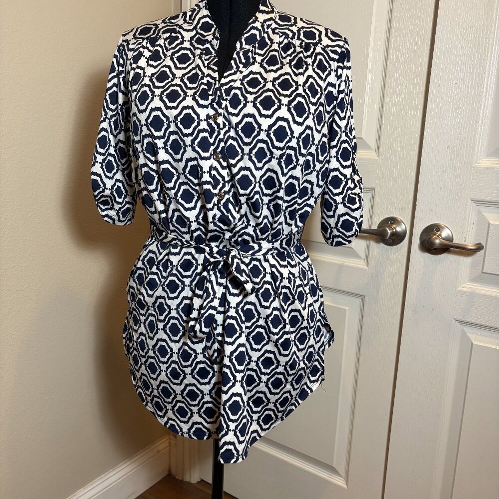 Blue & White Belted Tunic with Gold Buttons and above elbow length sleeve